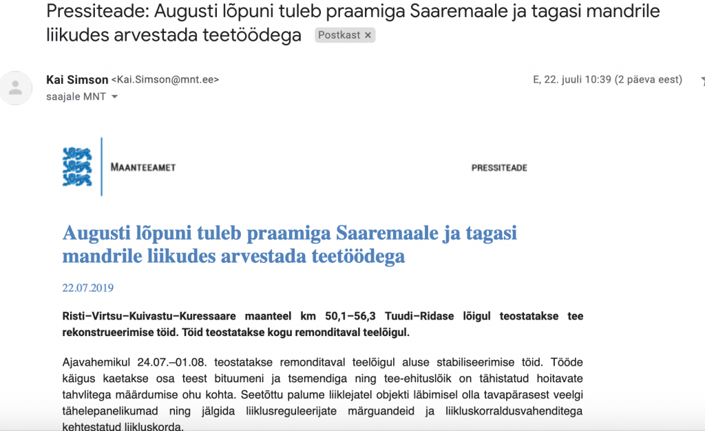 Lugeja küsib: kas e-kirja koopiareal tohib näidata kõiki adressaate? maanteeamet