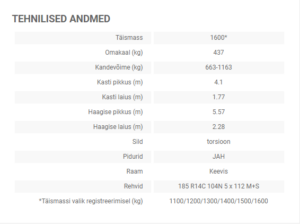 Tiki treiler tehnilised andmed